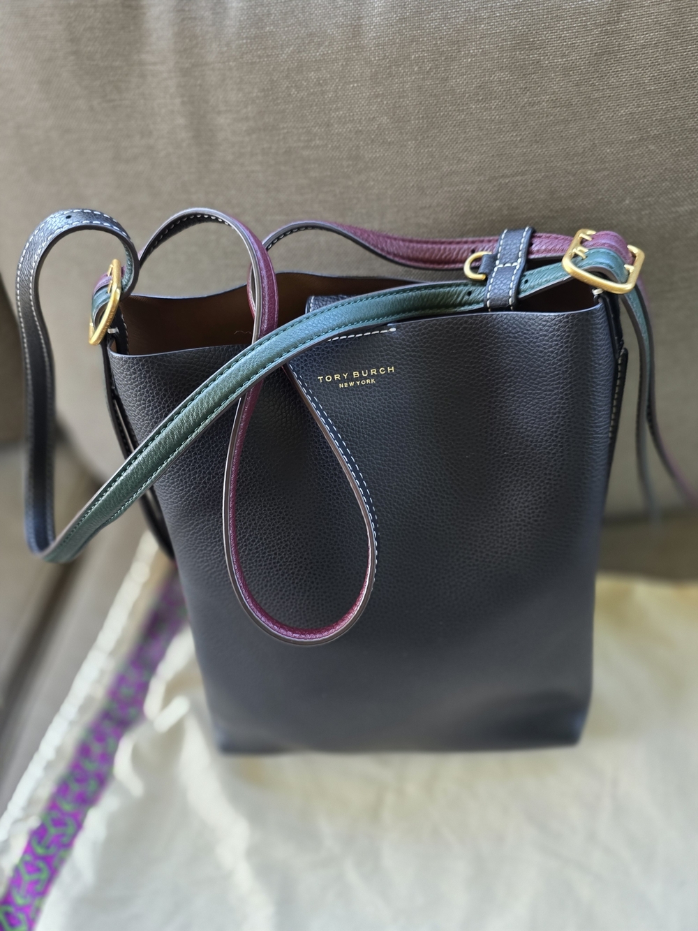 Tory Burch Black Leather Crossbody Bucket Bag with Multicolor Strap